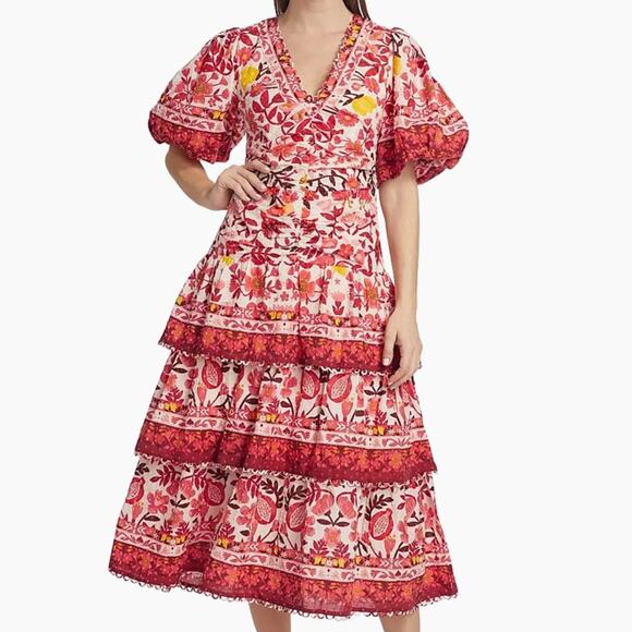 FARM Rio Dresses & Skirts - Farm Rio size XS romantic orchard tiered midi dress pink red white